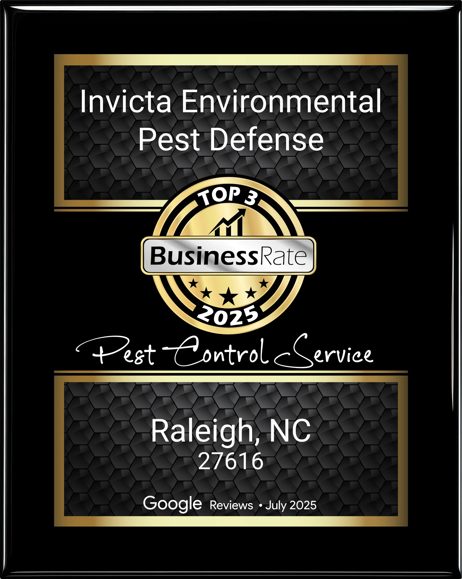 BusinessRate Top 3 Pest Control Service plaque, Raleigh, NC, July 2025